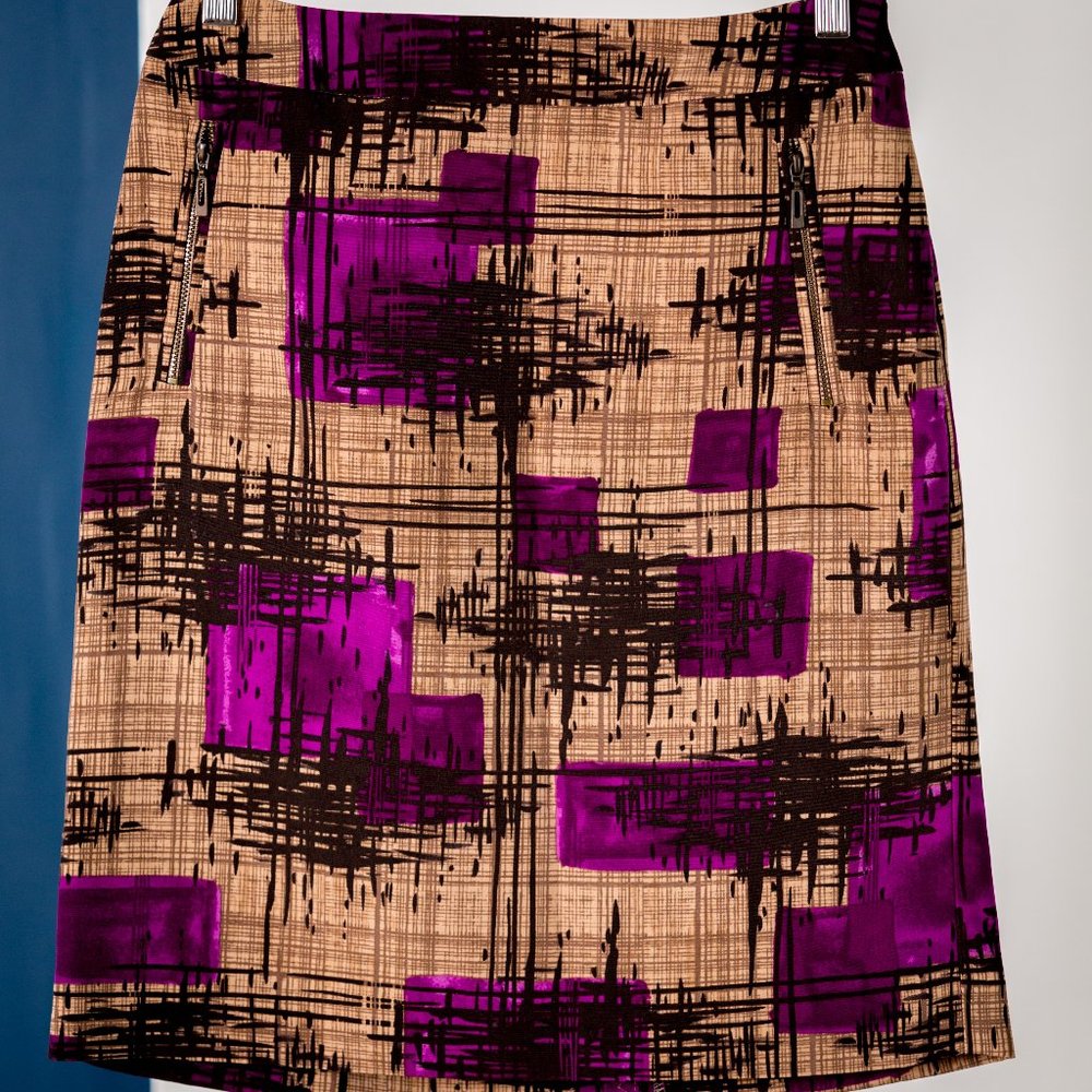 Beige Pencil Skirt with Black and Purple Print